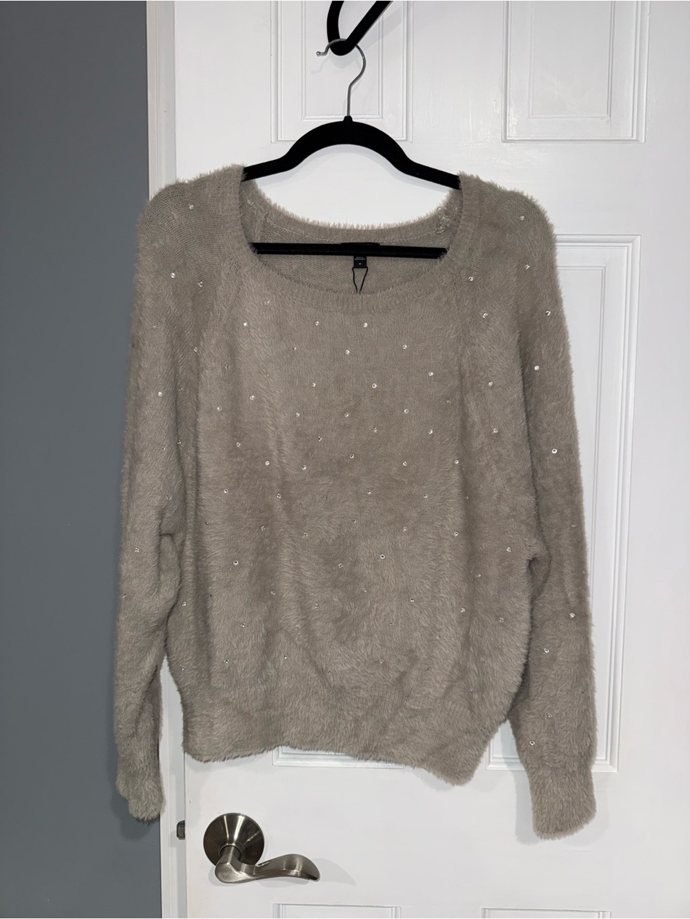 Express Cozy Faux Fur Rhinestone Embellished Crewneck Sweater